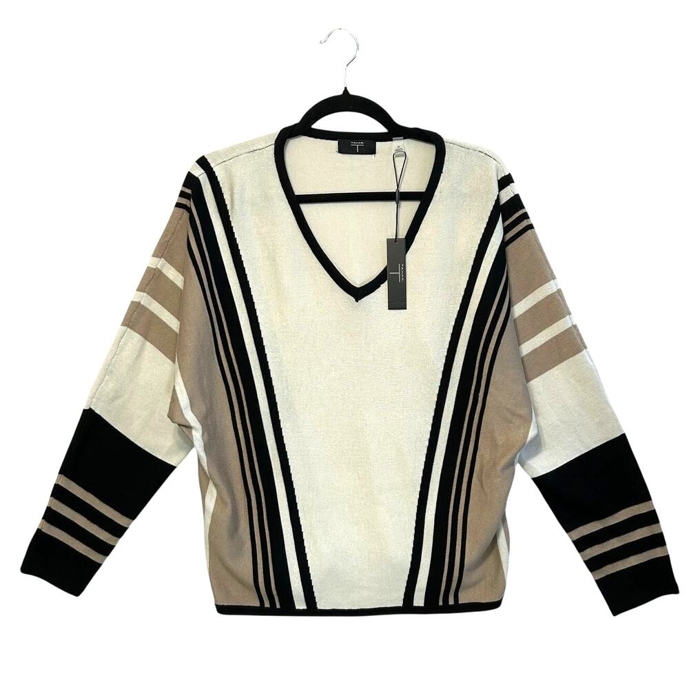 T Tahari Striped Dolman Sleeve Sweater NWT Women's Sz M Black Pale Sand Neutral